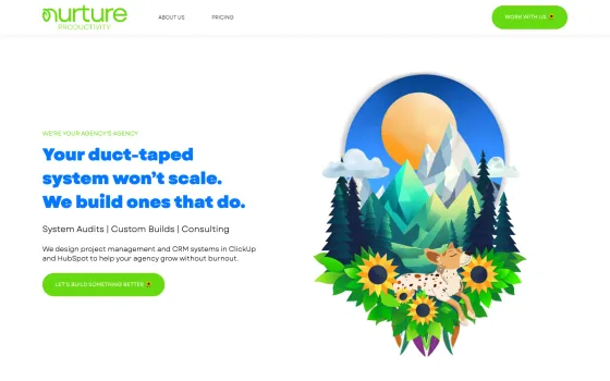 Nurture Productivity homepage: 'Your duct-taped system won't scale. We build ones that do,' beside an illustration of Hashbrown among sunflowers and mountains