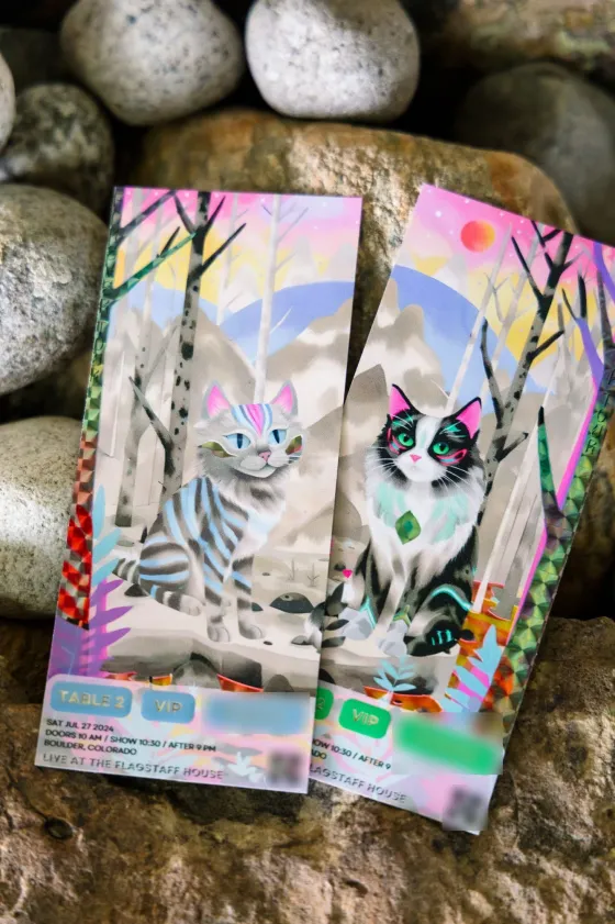 Two illustrated concert-ticket escort cards featuring a tabby cat and a tuxedo cat